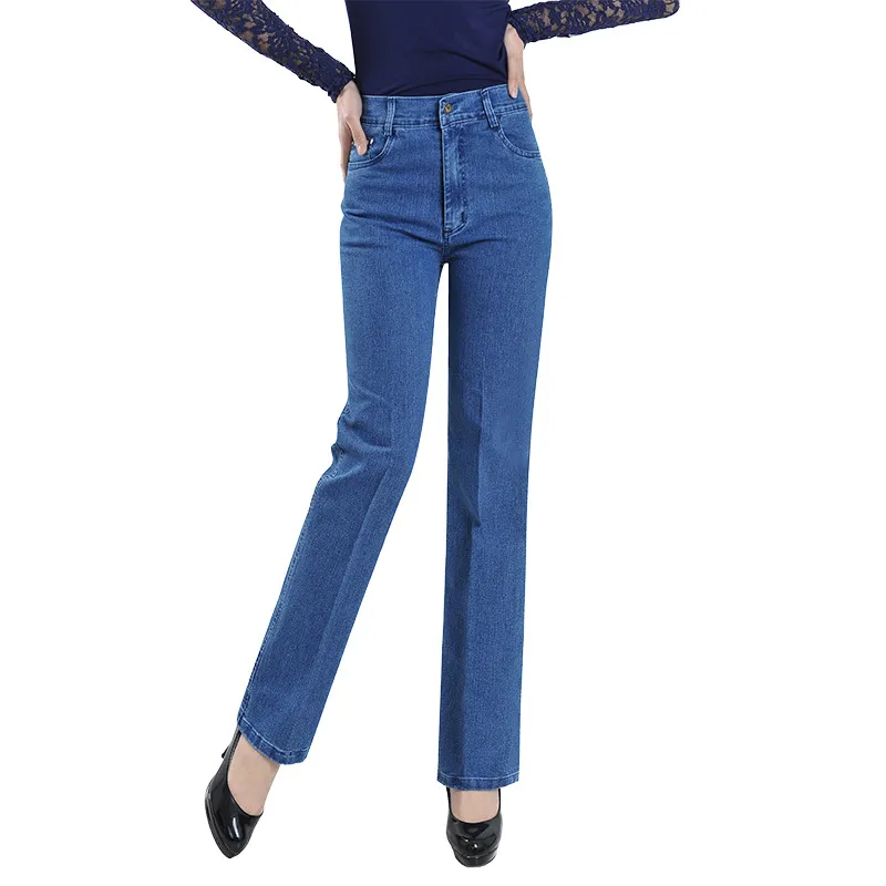 Fall Winter Women's Trousers Stretch Straight Leg Slim High Waisted Jeans - Blue