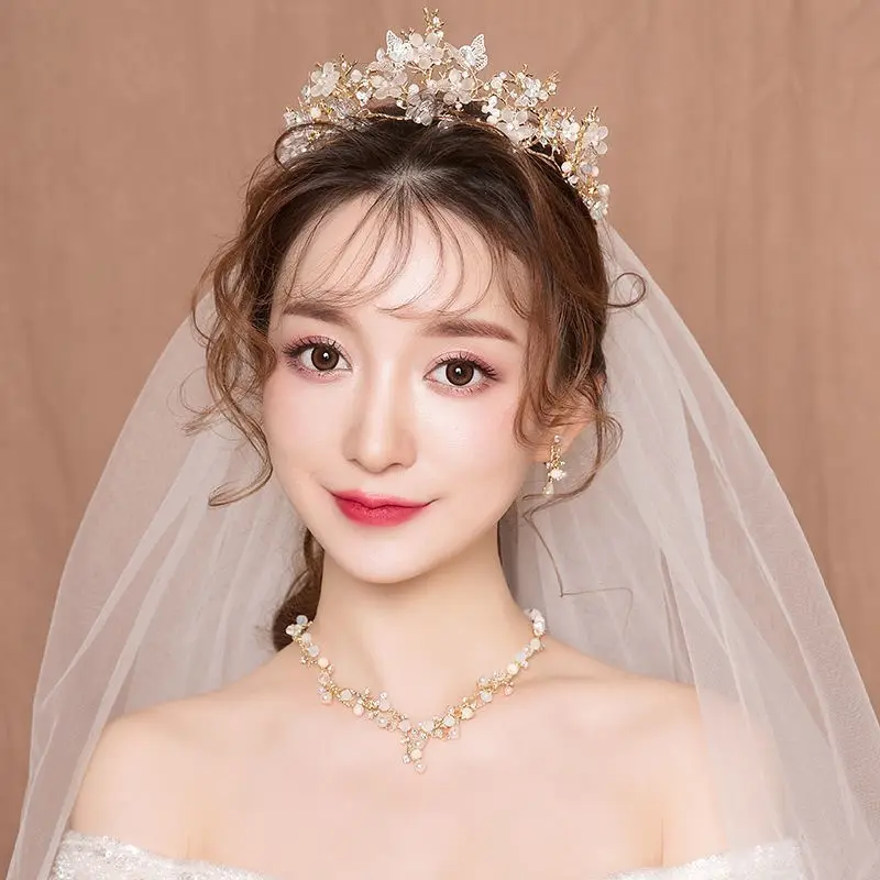 Veil Bride Wedding Dress Crown Three-piece Headdress