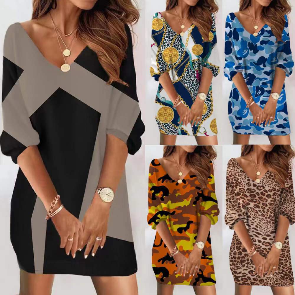 Casual Loose V-Neck Printed Mid-Sleeve Women's Dress