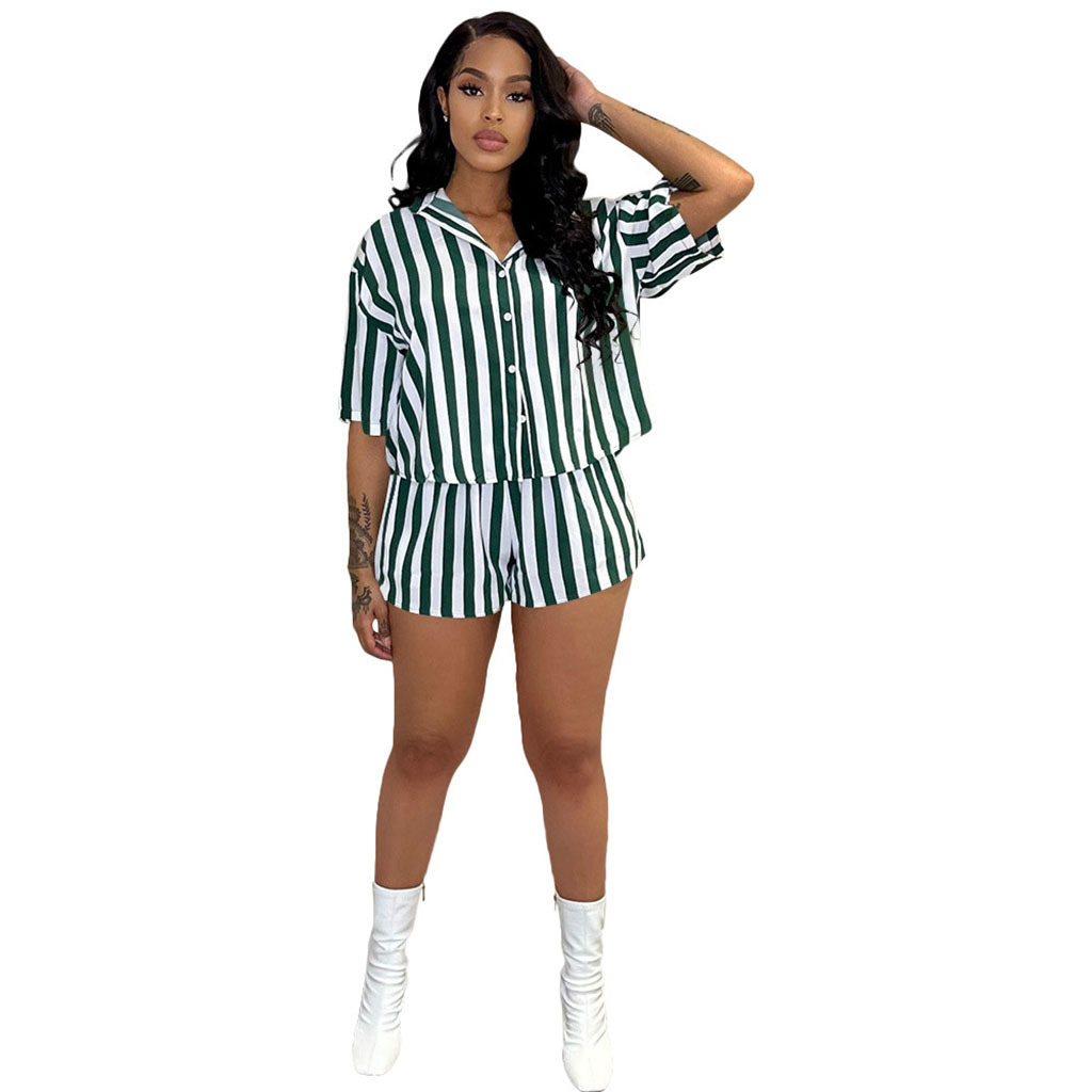 Women's New Loose Casual Stripe Shirt Shorts Home Two Piece Set