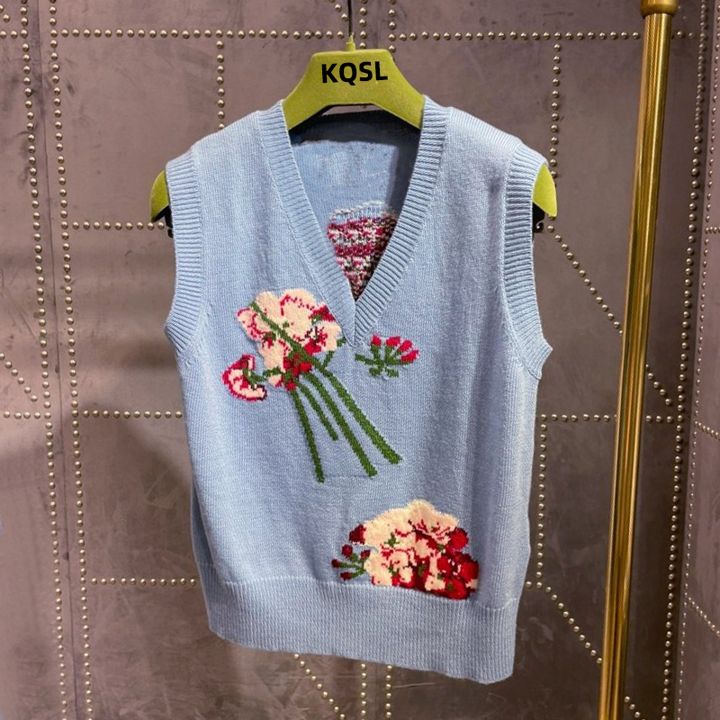 Fashionable Retro Floral Intarsia V-neck Pullover Knitted Vest