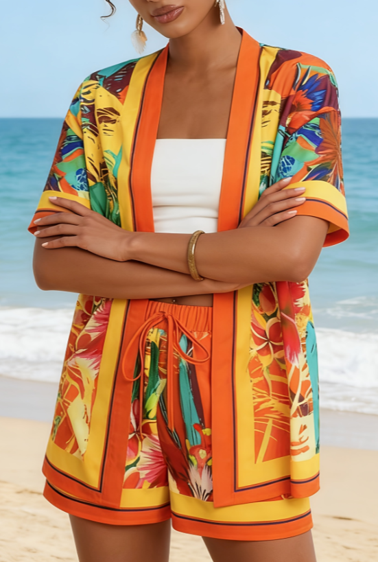 Vacation Style Floral Print Cardigan & Shorts Two-Piece Set