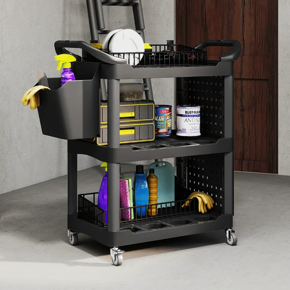 3-Tier Rolling Tool Cart, 200 LBS Capacity Plastic Utility Cart With Side Shelf And Storage Bucket, Tikt0k Sales Prohibited