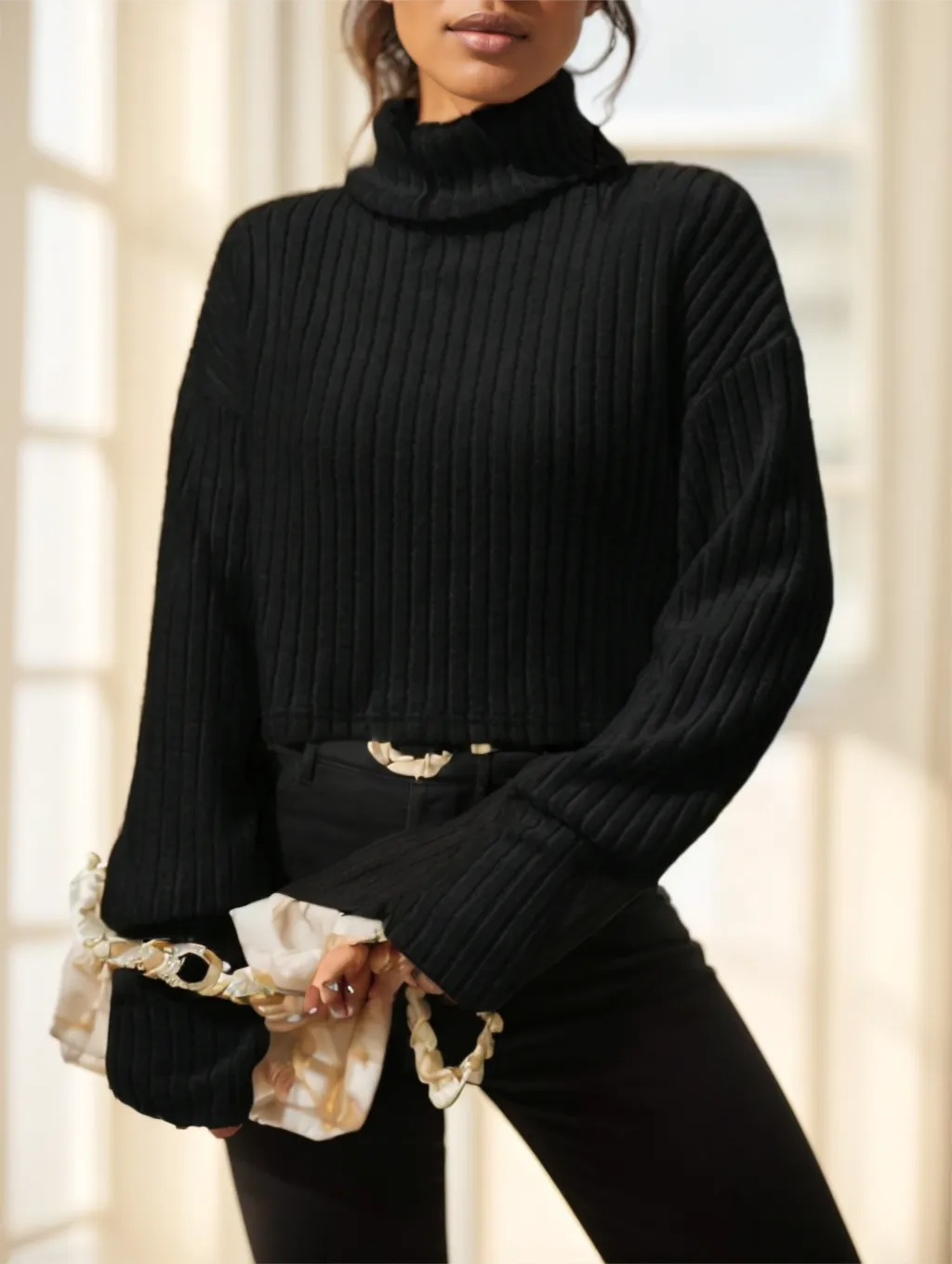 Essnce Turtleneck Drop Shoulder Tee - Black