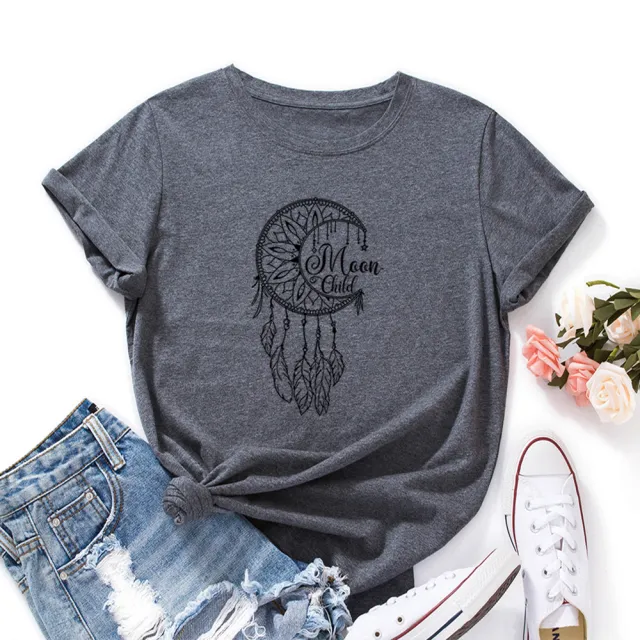 Women's Loose Round Neck Short Sleeve T shirt Dream Catcher Dark Grey - Shop at LoveMi
