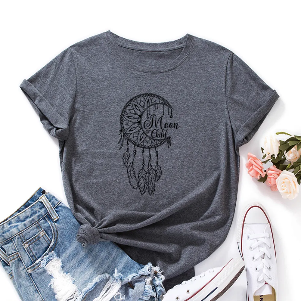 Women's Loose Round Neck Short Sleeve T-shirt Dream Catcher - Dark Grey