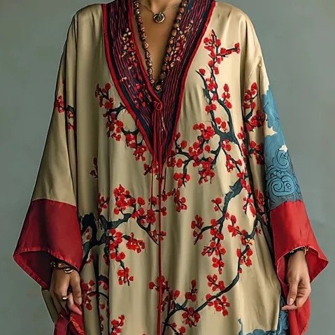Women's Casual Loose V-neck Forged Face Printed Long Dress