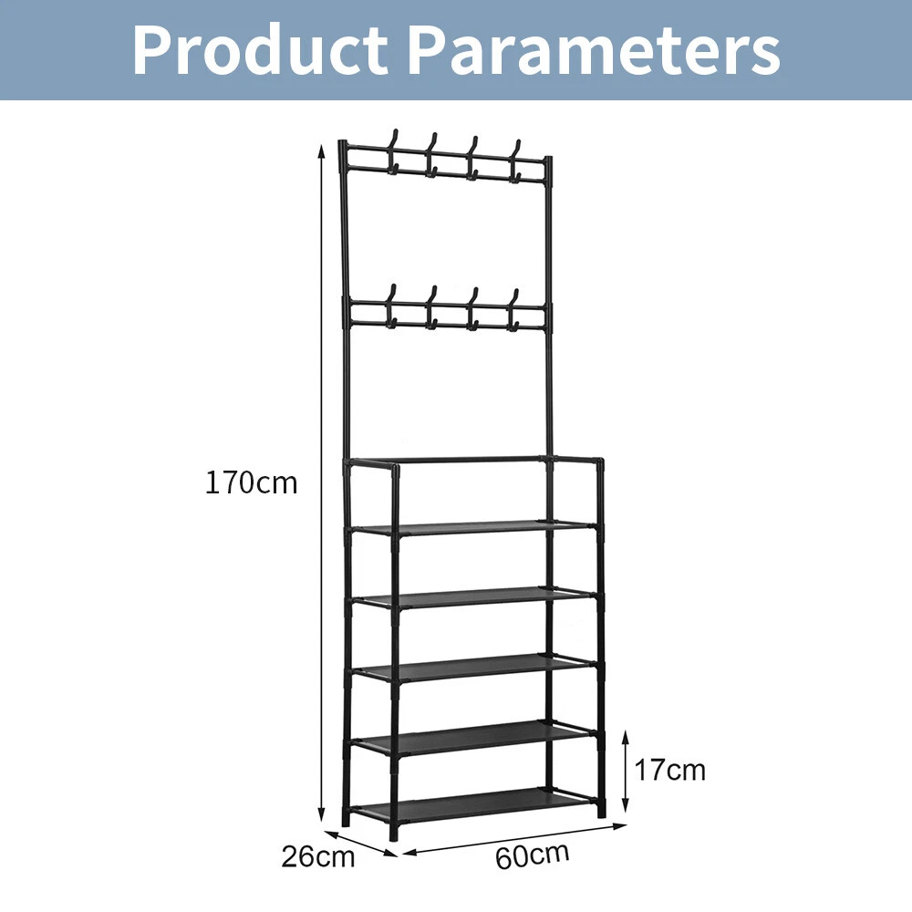 New Coat And Hat Stand 8 Hooks Metal Shoe Rack 5 Tiers Shelf Hanger Black 3