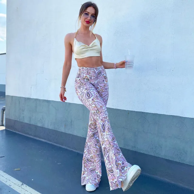 Printed Slim fit High waist Flared Pants Street Hipster Without Belt Pink - Shop at LoveMi