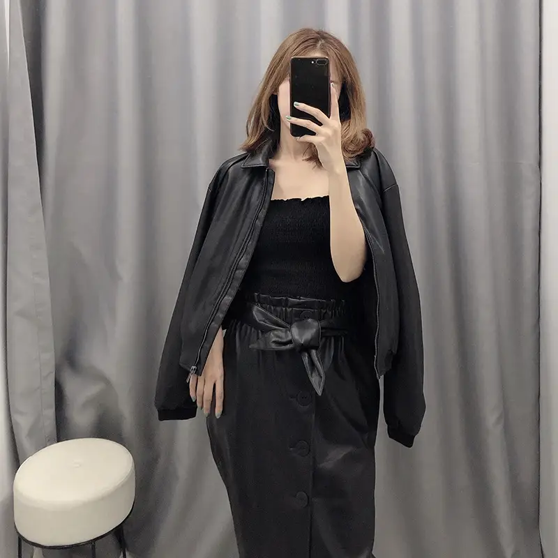 European And American Style Women's PU Lapel Top Short Faux Leather Jacket