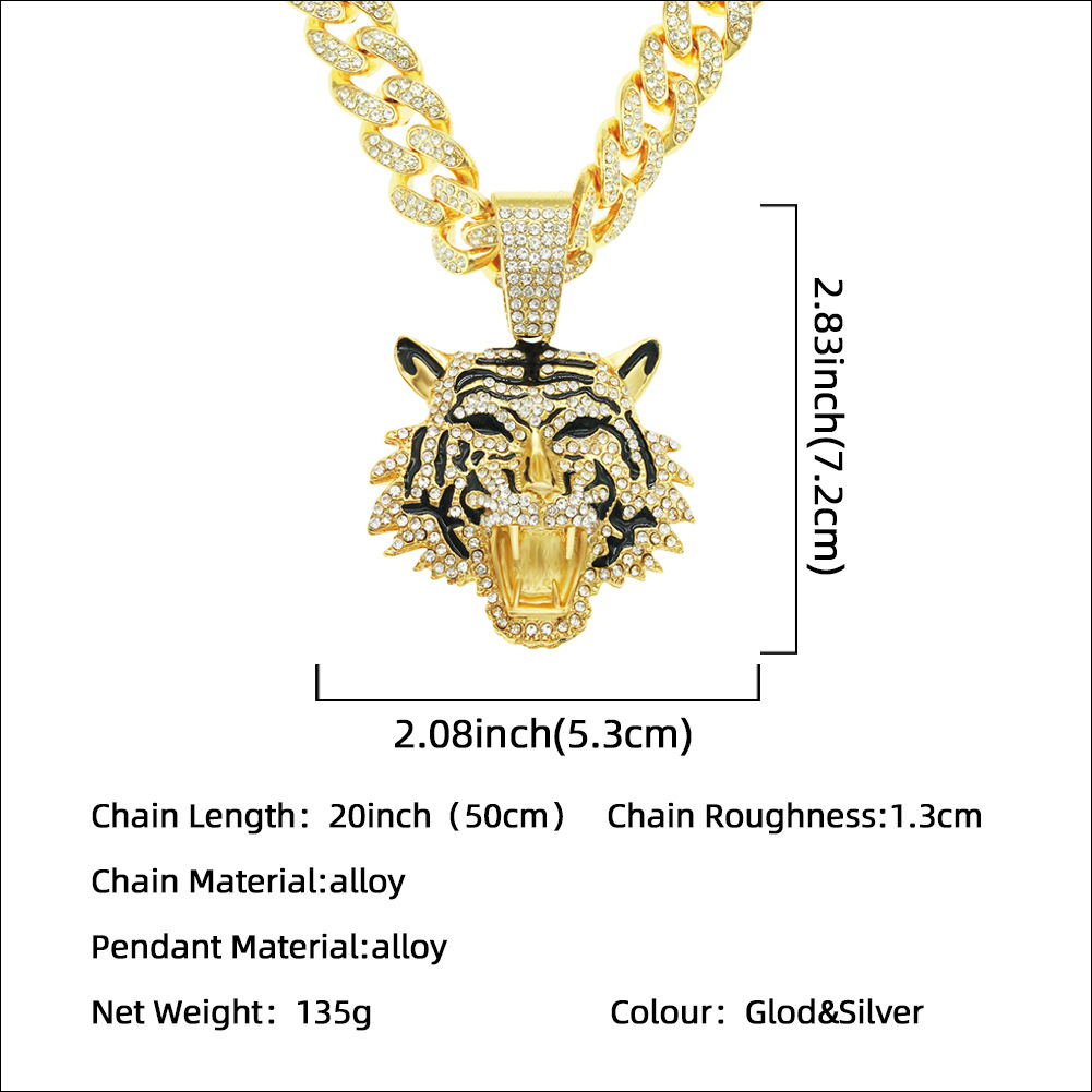 Cool Full Diamond Tiger Head Pendant Cuban Chain Necklace