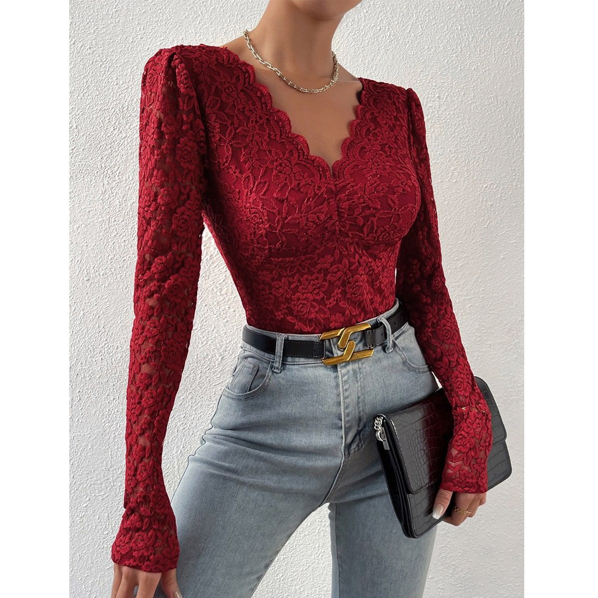 Title 10, Solid Color Lace Long Sleeve Hot Girl See-throu...