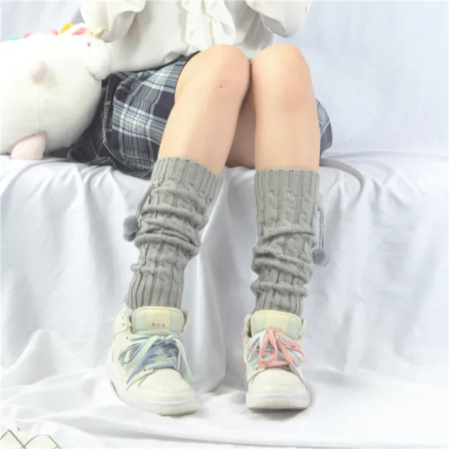 Women's Korean Style Knee Pad Fur Ball Knitted Socks Light Grey - Shop at LoveMi