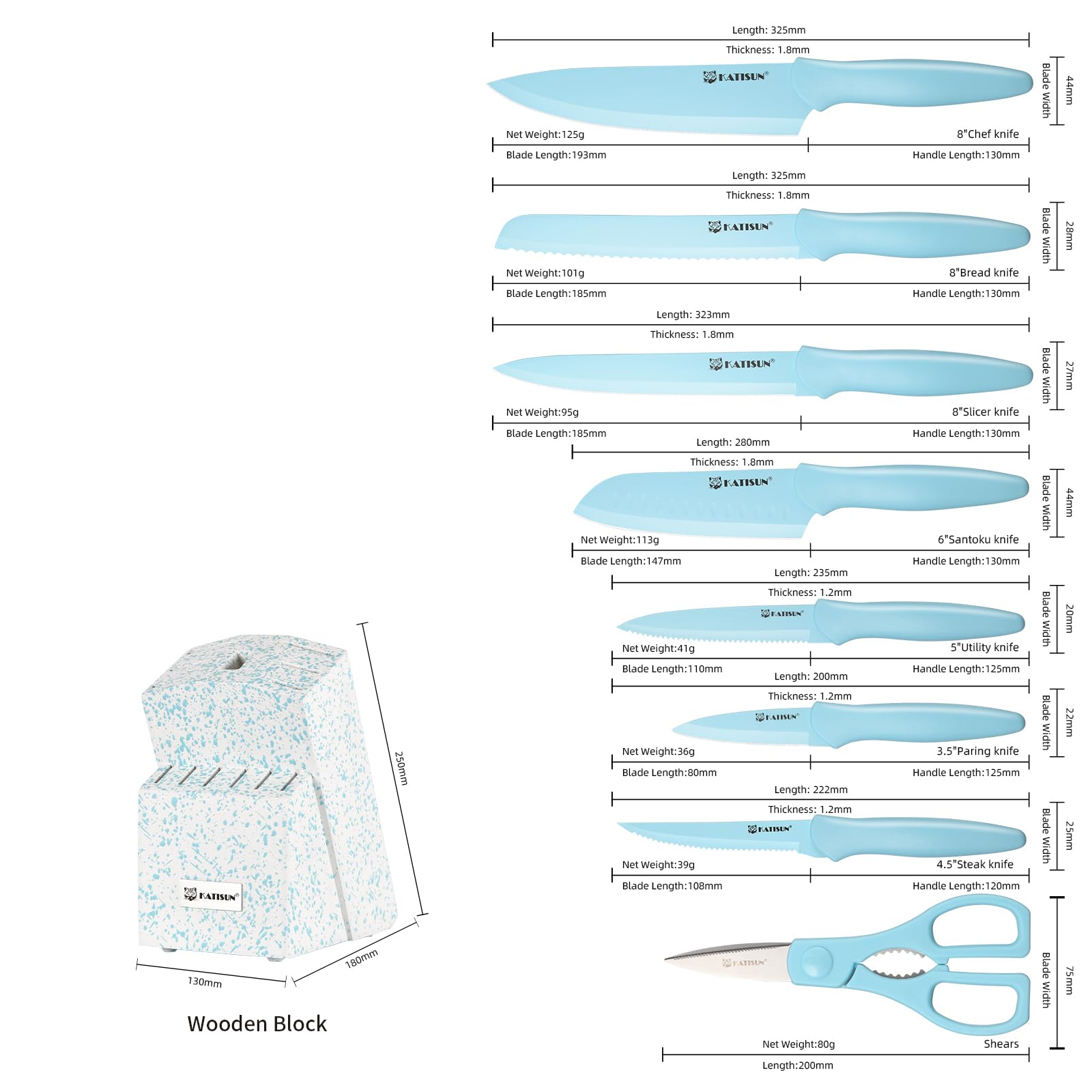 Kitchen Knife Set With Block, 14 Piece BLUE Non-Stick Paint Coating Stainless Steel Knives Set, Anti-Rust And Dishwasher Safe, 12 Knives With Kitchen Shears And Block 5