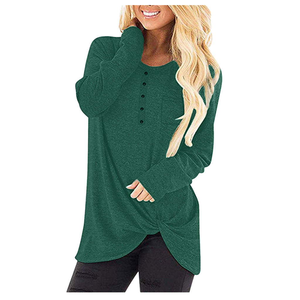 Solid Color Pullover Ladies Round Neck Pocket Long Sleeve Twisted Top