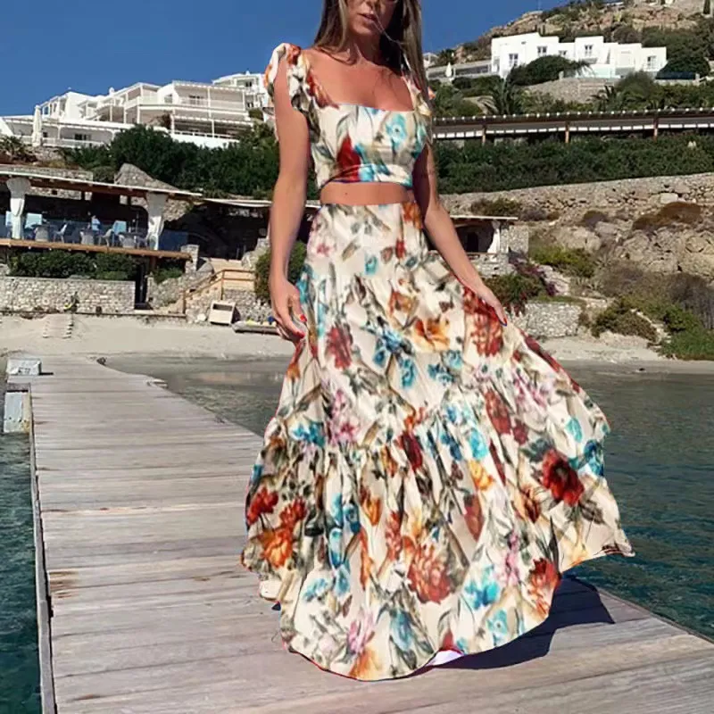 Flower Sleeveless Dress Two Piece Set - White Blue
