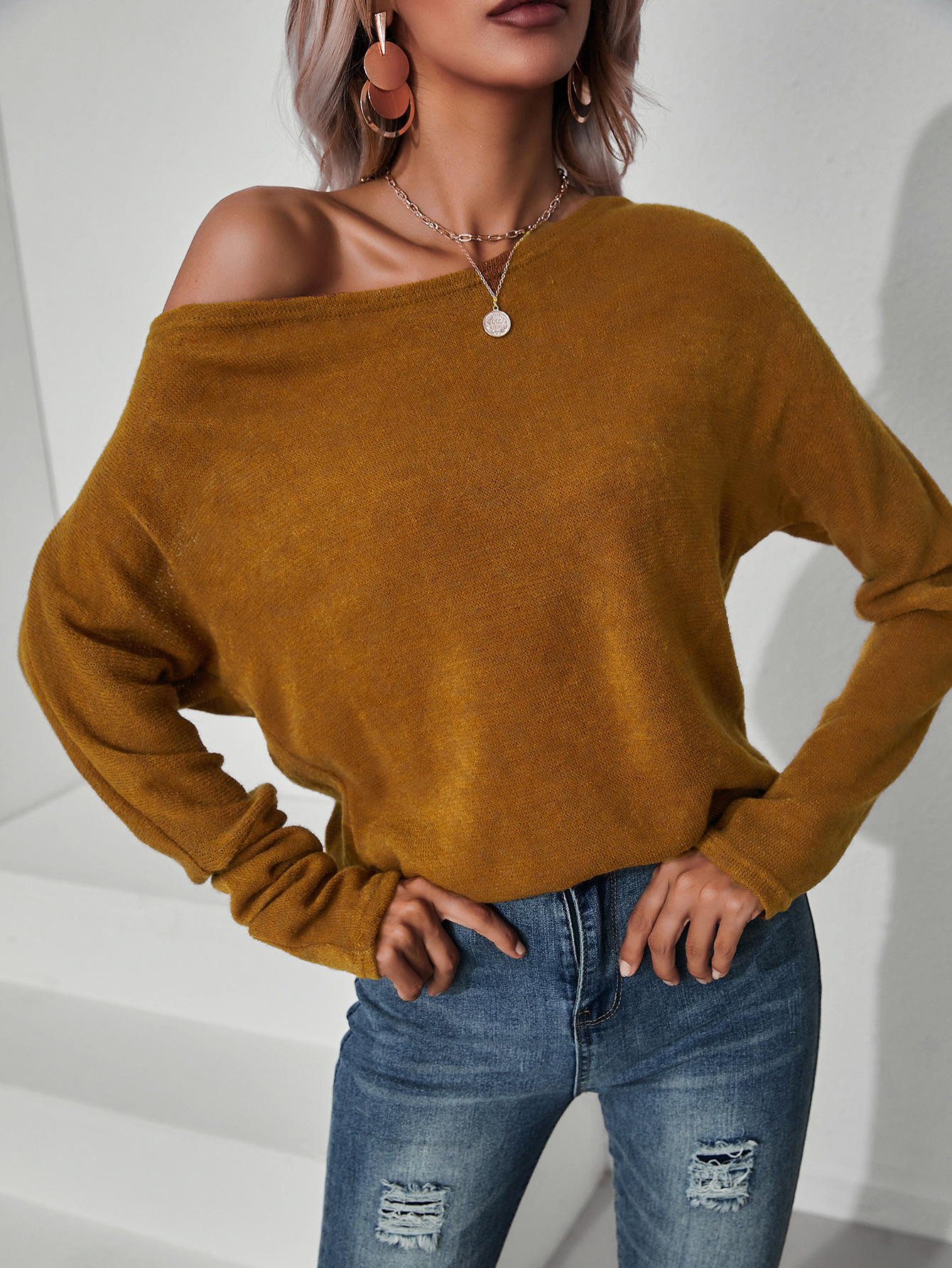 Title 6, Street Solid Color Knitted Oblique Shoulder Top...