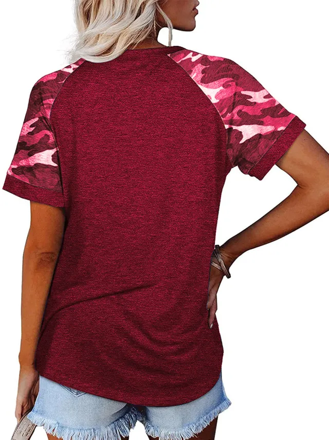 Camouflage Print Round Neck Short Sleeve T Shirt Top Women Wine - Shop at LoveMi