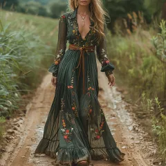 Women's Turn-Down Collar Button-Up Long Sleeve Floral Print Dress With Ruffles Cuffs & Hem Spring Summer Beach Maxi Dress - Green - View 1