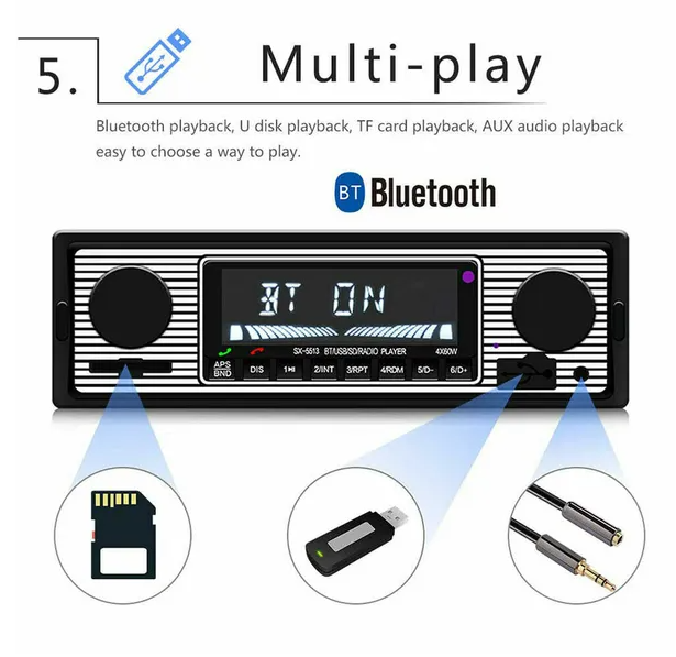 Bluetooth Vintage Car FM Radio MP3 Player USB Classic Stereo Audio Receiver AUX