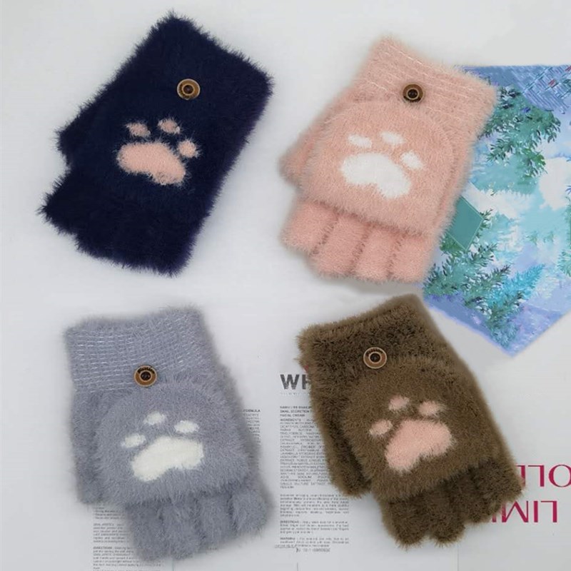 Gloves Women's Warm Cute Half Finger Gloves Imitation Mink Cat Claw Flip Yarn Fingerless Gloves