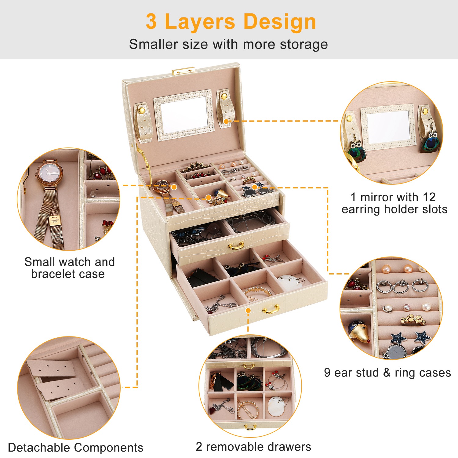 1Pc Jewelry Case Organizer 3-layer Lockable Travel Jewelry Box PU Leather Storage Display Case With Mirror Protective For Bracelets Earrings Rings Necklaces