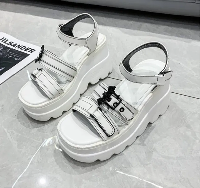 Large Wedge Heel Sandals Women's New Fashion Belt Buckle White - Shop at LoveMi