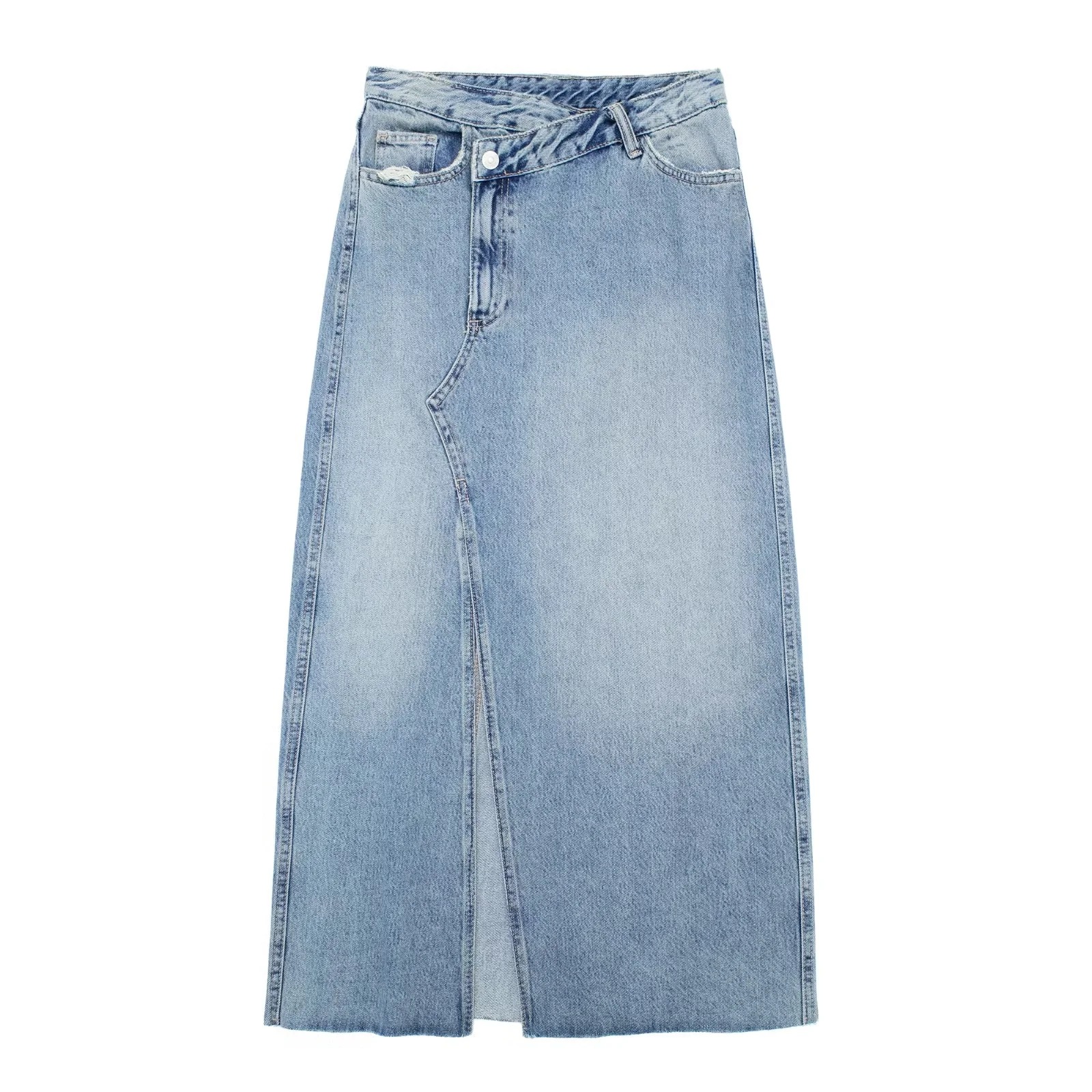 Women's Diagonal Patchwork Mid Rise Denim Skirt