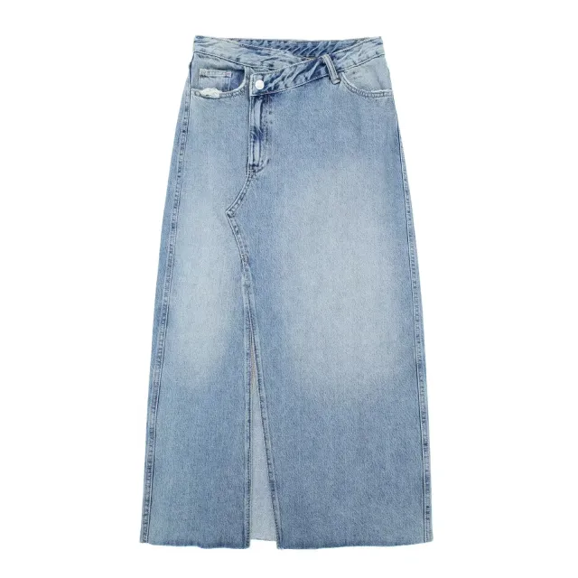 Women's Diagonal Patchwork Mid Rise Denim Skirt Blue - Shop at LoveMi