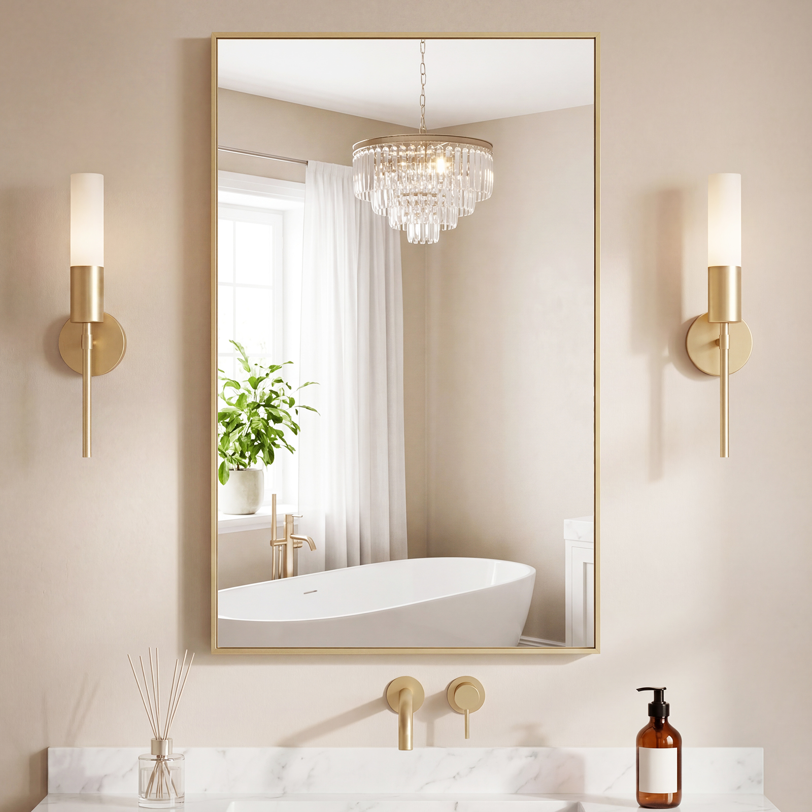Bathroom Mirror, With Brushed Aluminum Frame, Rectangular Design, Square Corners At All Four Sides, Suitable For Wall Decoration In Home. image 4