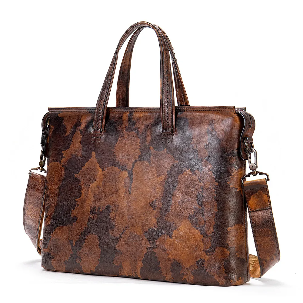 Men's Briefcase Business Casual First Layer Leather 14 Inch Portable - Coffee