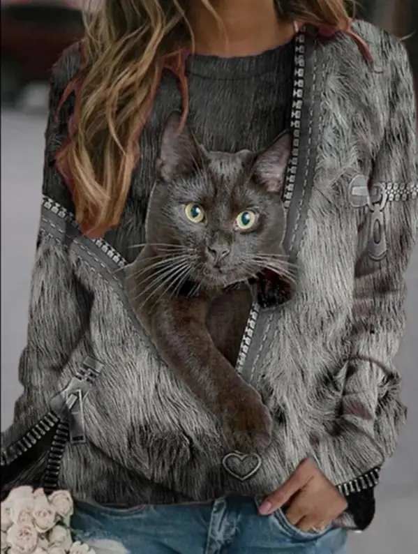 Zip Up Cartoon Cat Print Casual O-Neck
