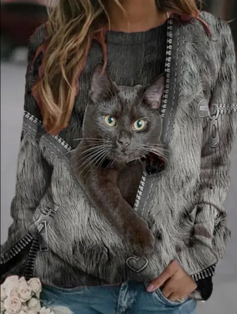 Zip Up Cartoon Cat Print Casual O-Neck Long Sleeve