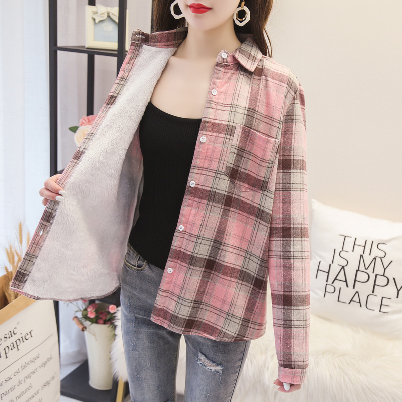 Thicken Plus Velvet Plaid Shirt Women Retro Pink Grid - Shop at LoveMi