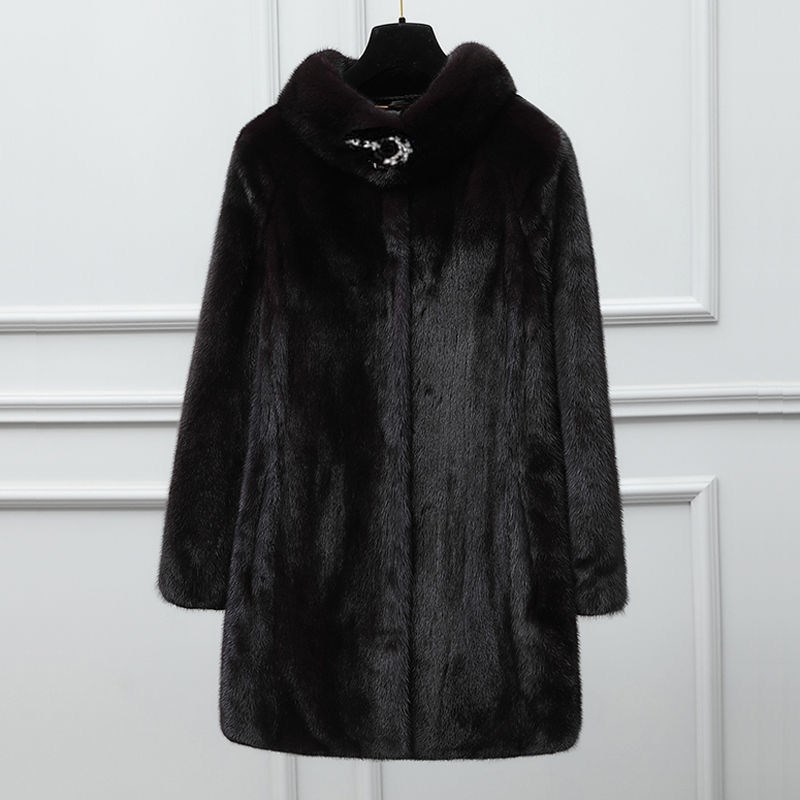 Women's Mink Coat Stand-up Collar Fur Mid-length Casual Slim