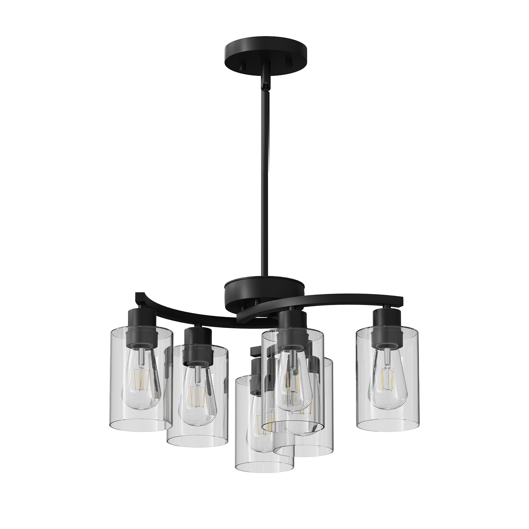 6-Light Modern Farmhouse Black Chandelier, Contemporary Dining Room Light Fixture, Adjustable Height Hanging Industrial Pendant Lights Kitchen Island, Clear Glass Shade