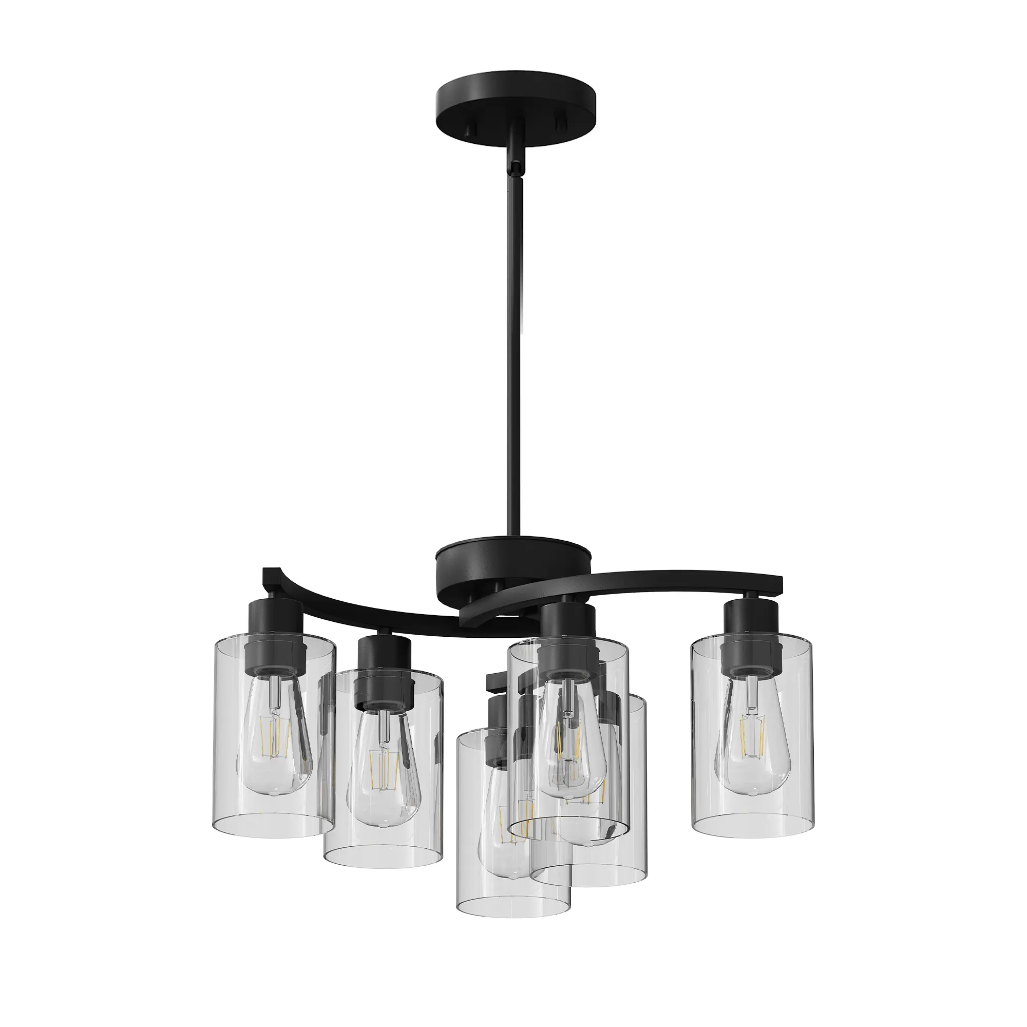 6-Light Modern Farmhouse Black Chandelier, Contemporary Dining Room Light Fixture, Adjustable Height Hanging Industrial Pendant Lights Kitchen Island, Clear Gla