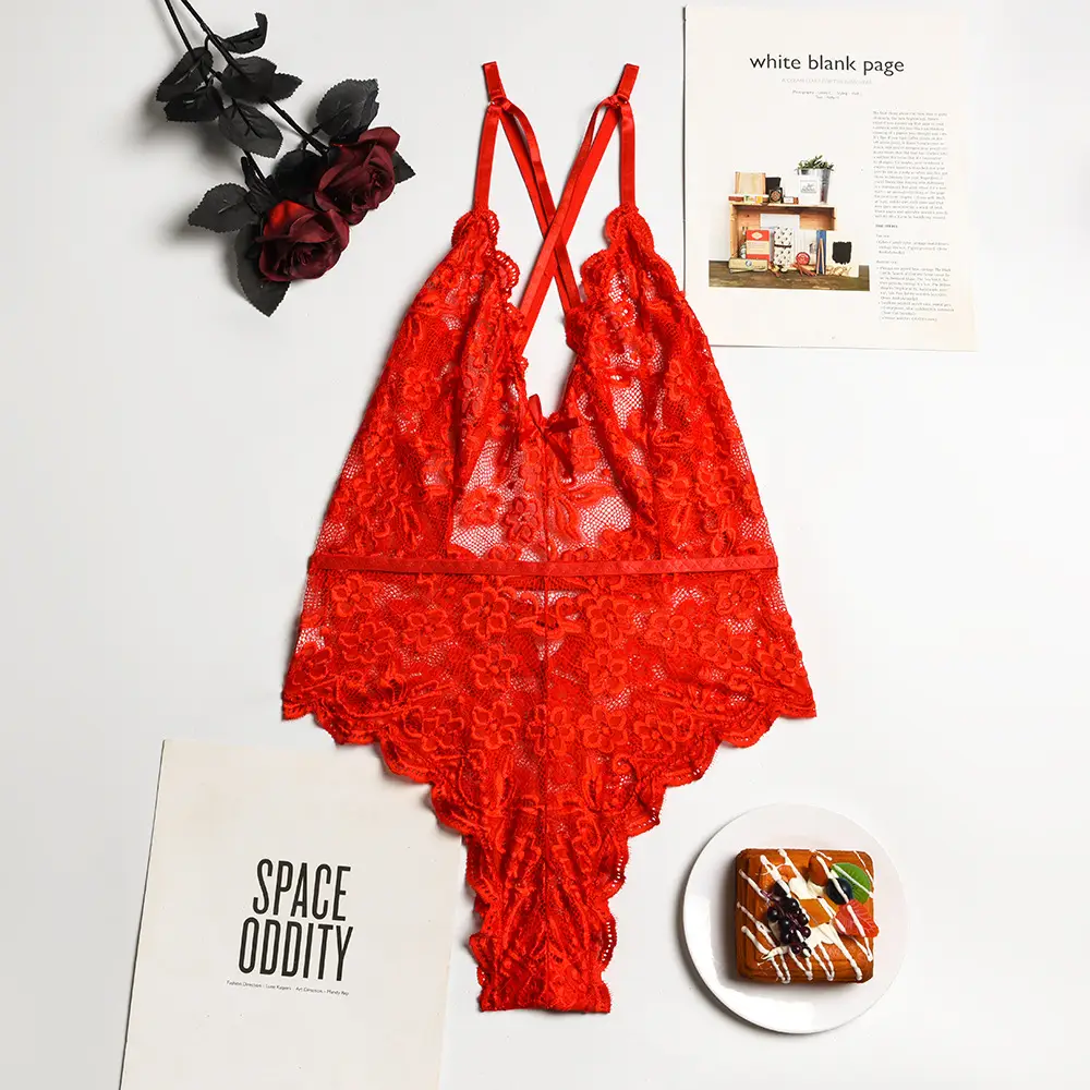 Women's Lace Thin See-Through Strap Crossover Bodysuit