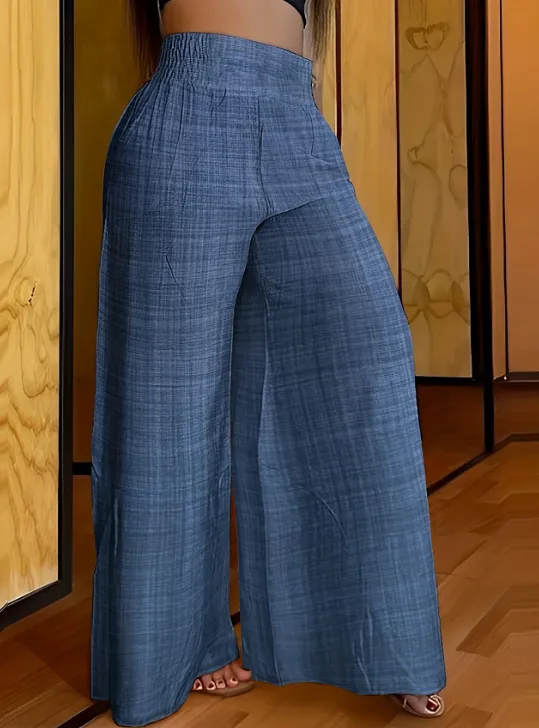 Solid Simple Palazzo Pants Casual Wide Leg Elastic Waist Pants Blue - Shop at LoveMi