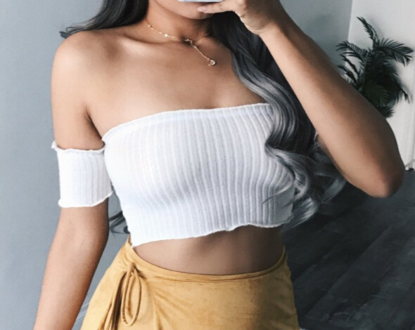 Title 2, Solid Color Short Off-Shoulder Bare-Neck Collar...