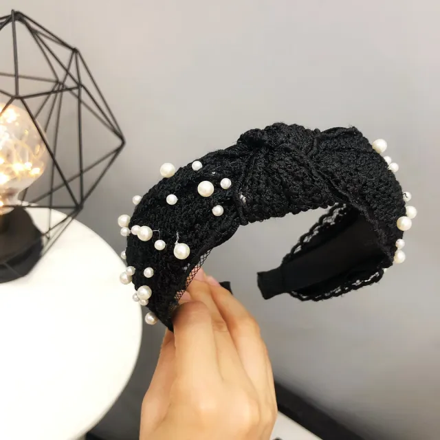 Ladies Buckle Pearl Lace Knotted Headband Black Waves - Shop at LoveMi