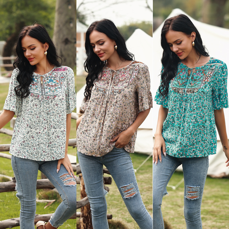 Title 6, Summer Round Neck Pastoral Print Round Neck Dra...