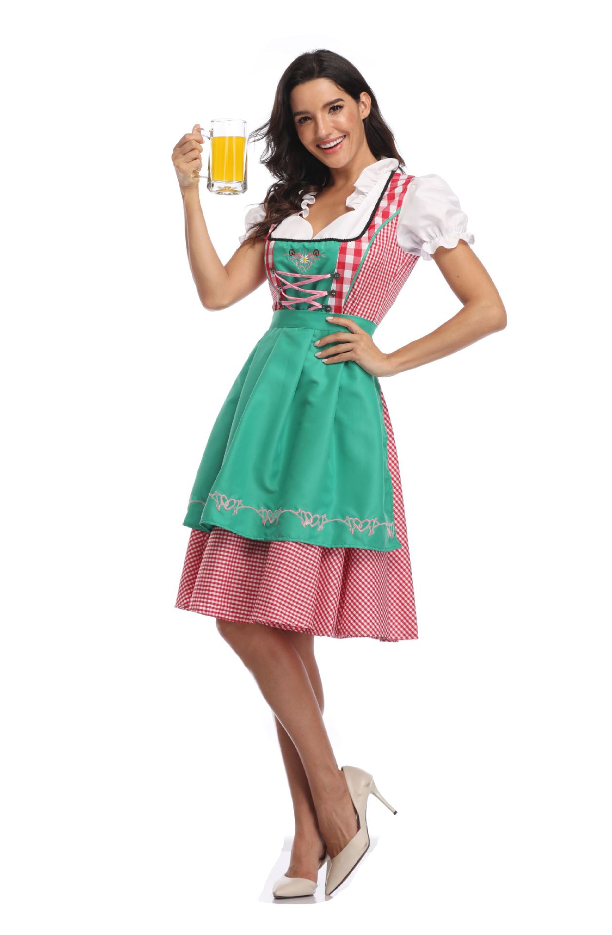 Festival ethnic beer dress costume. Product Introduction: Style: Clothing Manufacturing, Fabric name: Polyester, Main fabric composition: Polyester fiber (polyester), Color: Blue, Black, Dark Green, Fresh Green, Blue, Red, Full Black, Size: S=34, M=36,L=3