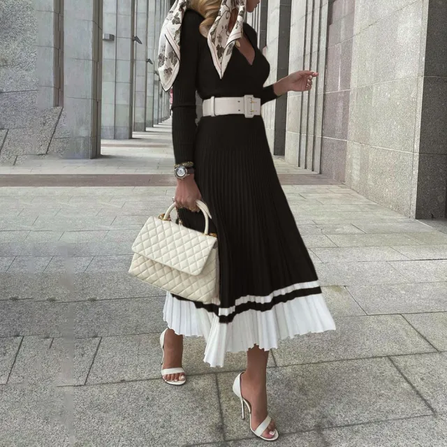 Belted Slim V Neck Knitted Pleated Dress Black - Shop at LoveMi