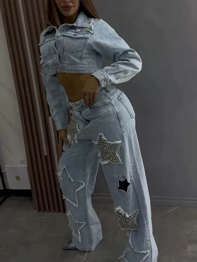 Denim Star Diamond Long Sleeve Jacket Jeans Set Blue - Shop at LoveMi
