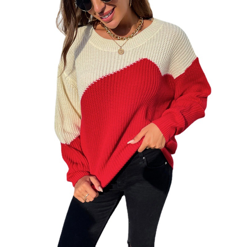 Round Neck Contrast Stitching Pullover Sweater