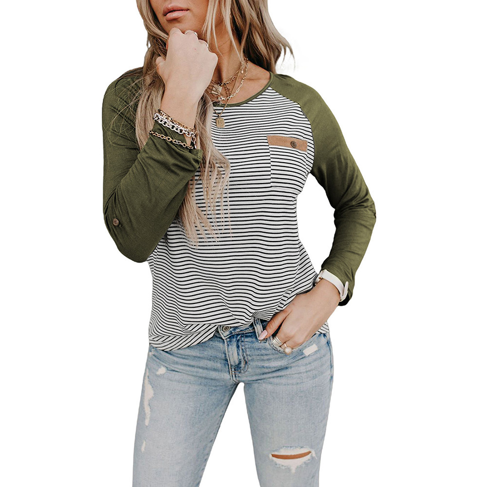 Striped Stitching Pocket Casual Ladies Sweater