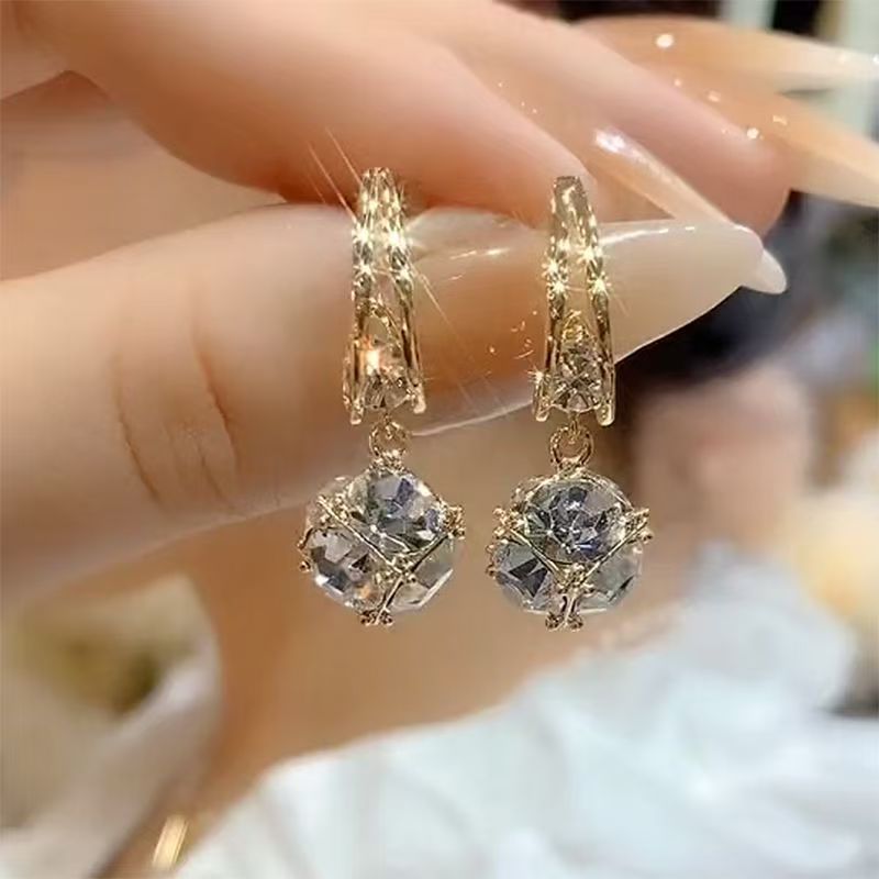 Exquisite Super Sparkly Zircon Ball Earrings, Full Paved Rhinestone Light Luxury High-End Earrings, Elegant Versatile Minimalist Niche Ear Jewelry For