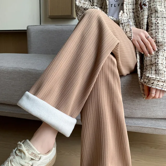 Narrow Vertical Striped Velvet Wide leg Pants For Women Autumn And Winter New Loose Slim High Waist Drape Straight Casual Pants Khaki - Shop at LoveMi