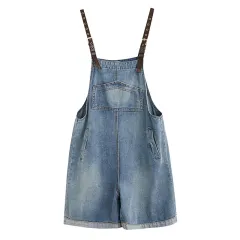 Women's Loose And Slim Wide Leg Denim Overalls Shorts - Blue - View 1